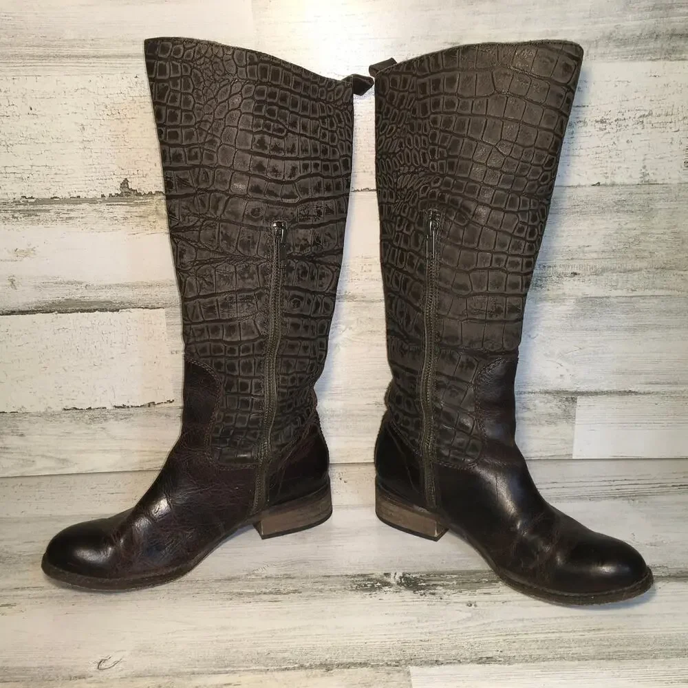 Lucchese Spirit Bailey Croc Embossed Leather Riding Boot Womens 6 Brown Tall